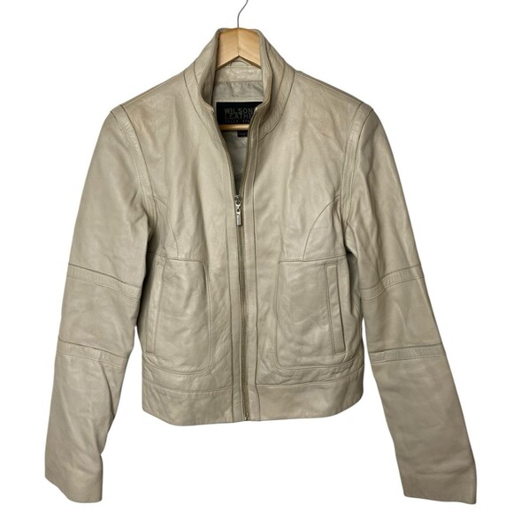 Wilsons Pelle Studio Genuine Leather Jacket Women Sz L Cream Moto Soft Lined VTG - Picture 1 of 12